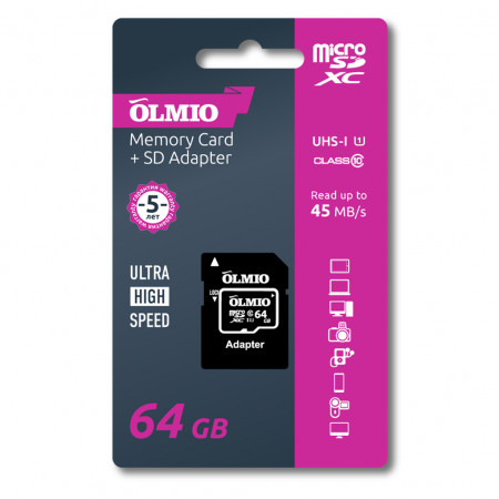 Карта памяти OLMIO Micro SDHC 64GB Class 10 UHS-I с адаптером 039127 - image 1